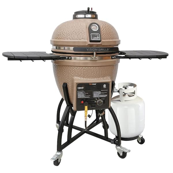 Vision Grills 22 in. Kamado Dual Fuel Charcoal/Gas Grill in Taupe with Cover, Gas Burner Kit, Cart, Shelves, Lava Stone, Ash Drawer