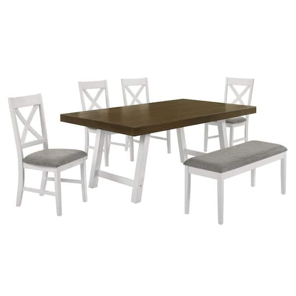 Picket House Furnishings Leena Oak and Antique White 30 in. 6-Piece Dining Set with Table, 4 Chairs, and Bench