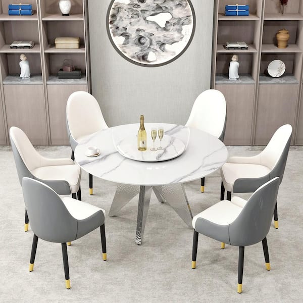 Magic Home 53.1 in. White Rotable Lazy Susan Sintered Round Stone Tabletop Silver Pedestal Base Kitchen Dining Table (Seats-6)