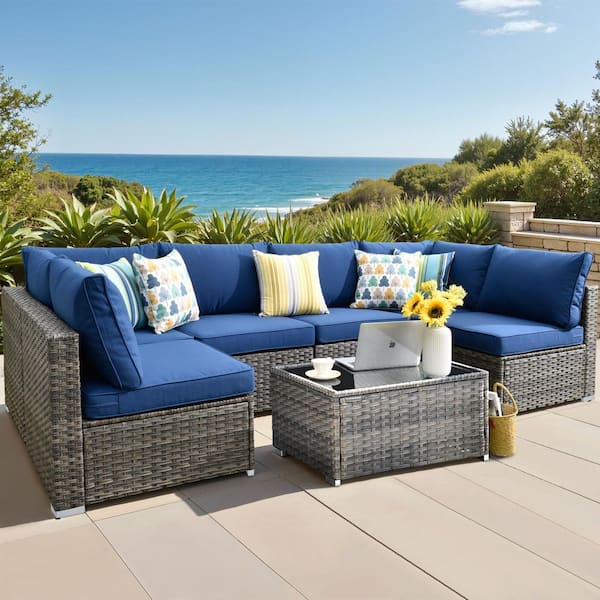 Toject Maire Gray 7-Piece Wicker Outdoor Patio Conversation Sofa Seating Set with Navy Blue Cushions