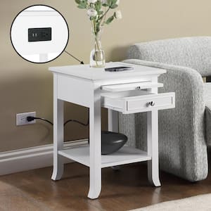 American Heritage Logan 18 in. W White Square MDF 1 Drawer End Table with Charging Station and Pull-Out Shelf