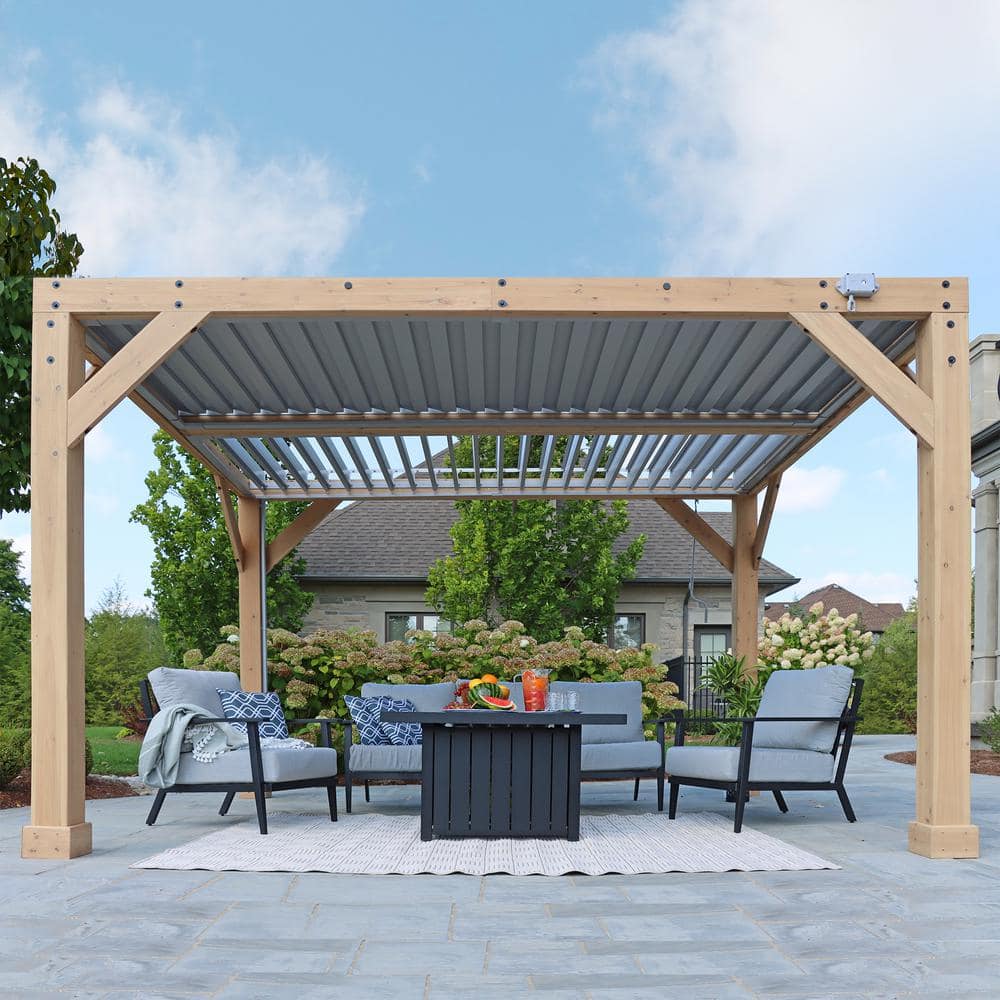 Yardistry Meridian 10 ft. x 12 ft. Premium Cedar Patio Shade Pergola with Louvered Roof Panels and Built-In Gutter System YM11832COM - The Home Depot