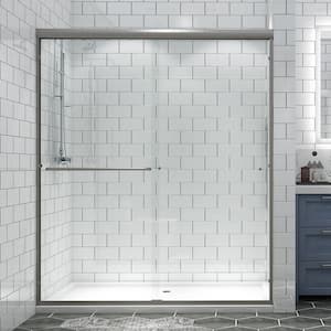 Victoria 60 in. W x 70 in. H Sliding Framed Shower Door in Brushed Titanium Finish with Clear Glass