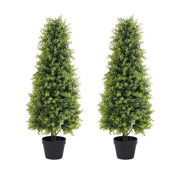poetree 3 ft. Artificial Boxwood Cone Topiary Tree in Pot 2-Pack