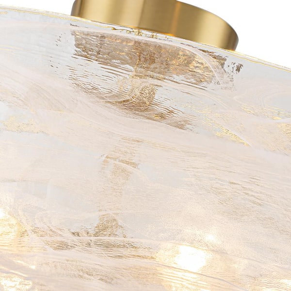 23.6 in. 6-Light Drum Brushed Brass Modern Farmhouse Semi-Flush Mount with Cloud Textured Glass Shade for Dining Kitchen