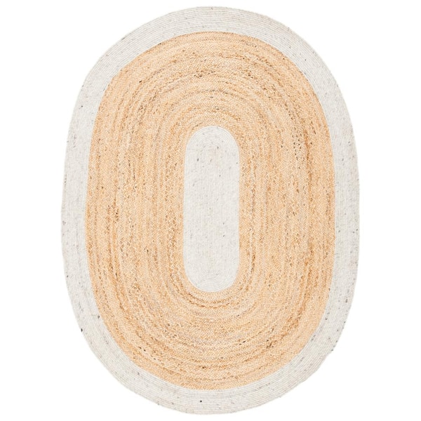 Abstract Hand Braided Beige Oval Jute Rug With Dark Grey Border at