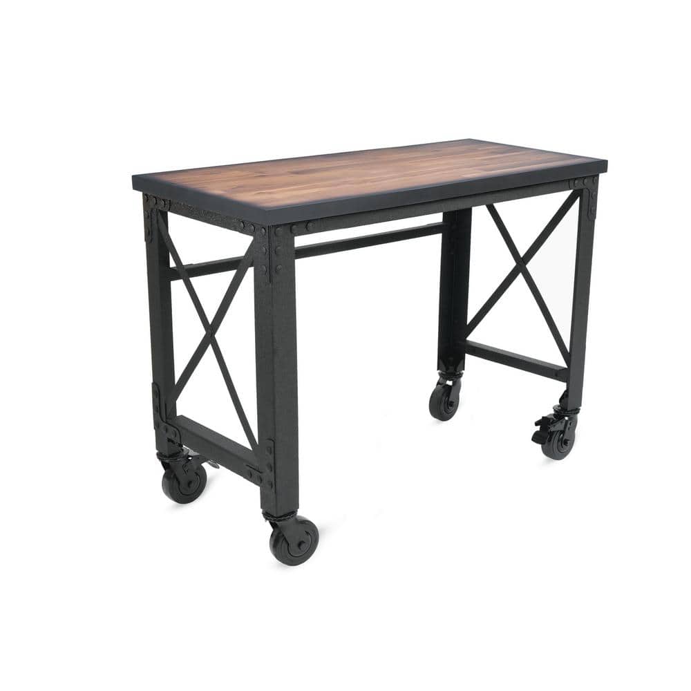46 in. W x 24 in. D Rolling Industrial Worktable Desk with Solid Wood Top