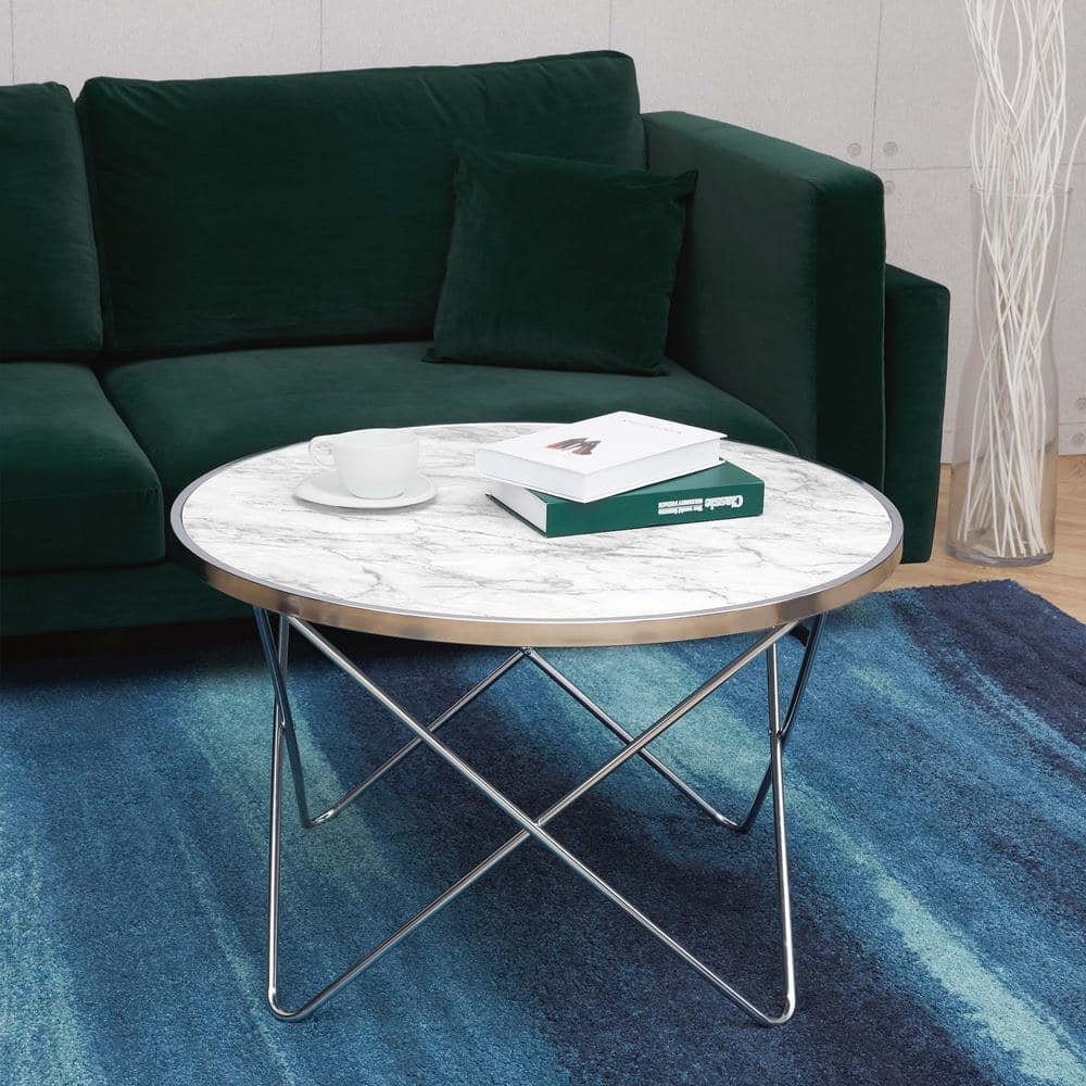 Small Round White Faux Marble Coffee Table with Silver Hairpin Legs