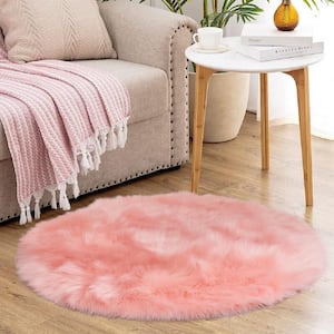 Silky Faux Fur Sheepskin Shag Light Pink 3 ft. x 3 ft. Round Fluffy Fuzzy Area Rug