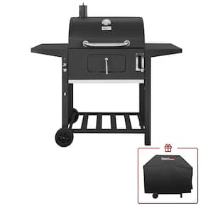 24 in. BBQ Charcoal Grill in Black with 2-Side Table with Cover