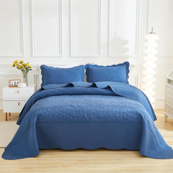 MarCielo T-Monica 3-Piece Cosmic Navy Embroidery 100% Cotton Lightweight Queen Size Quilt Bedspread Set