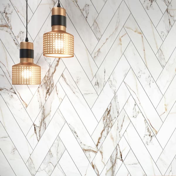 Elegance Gold Chevron 15.75 in. x 3.15 in. Matte Porcelain Tile Sample