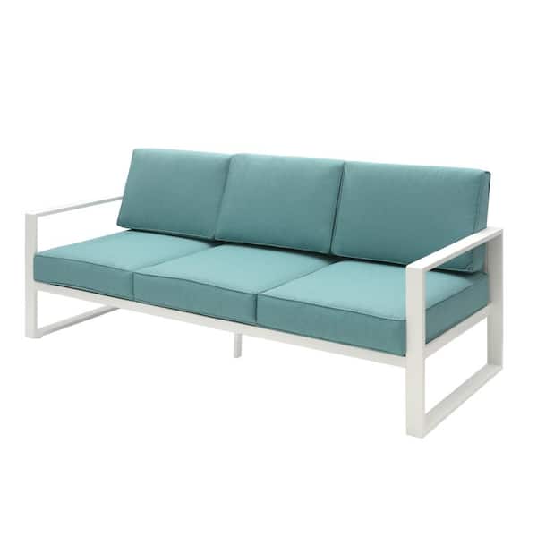 ANGELES HOME White Aluminum Outdoor Couch Sofa with Green Cushions and 3 Seats