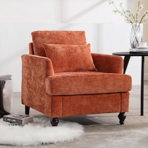 Modern Oversized Orange Chenille Wood Frame Upholstered Accent Armchair