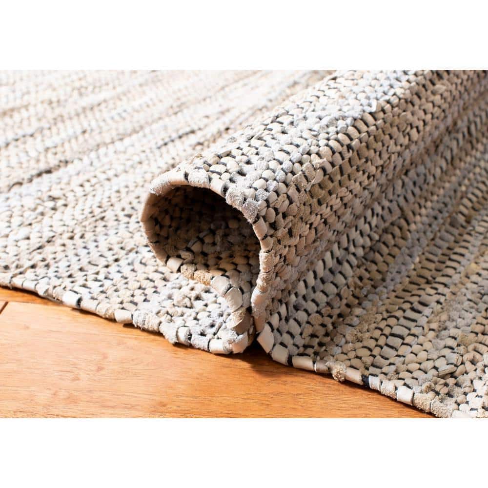 Vintage Beige and Multicolor Handwoven Leather Area Rug 4' x 6'