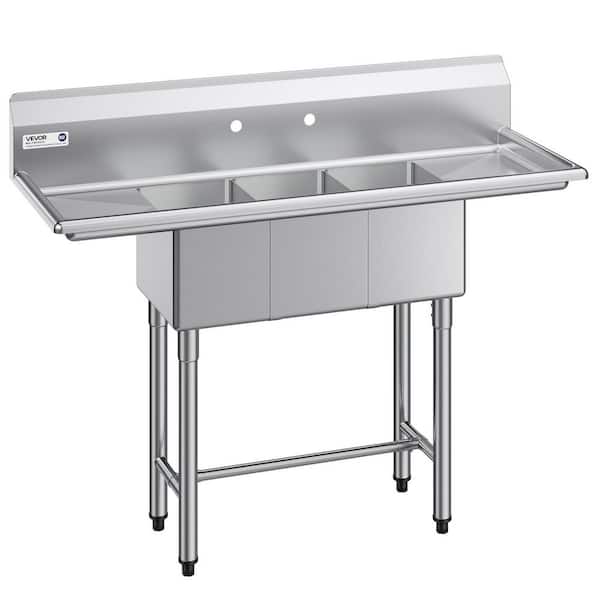 3 Compartment Sink, 18-Gauge 304 Stainless Steel, 10in. x 14in. x 10in. Bowl Size, 3 Bay Commercial Kitchen Prep