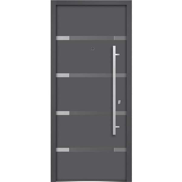 VDOMDOORS 36 in. x 80 in. Single Panel Left-Hand/Inswing 4 Lites Tinted Glass Gray Finished Steel Prehung Front Door with Handle