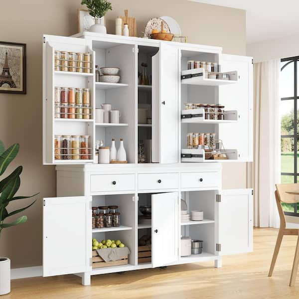 Idun White Wood 74.8 in. H Freestanding Kitchen Pantry Cabinet with Adjustable Shelves and 3-Drawers