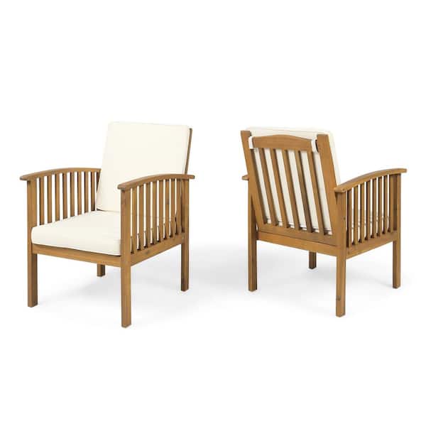 Unbranded 2-Piece Brown Acacia Wood Outdoor Lounge Chairs with Beige Cushions