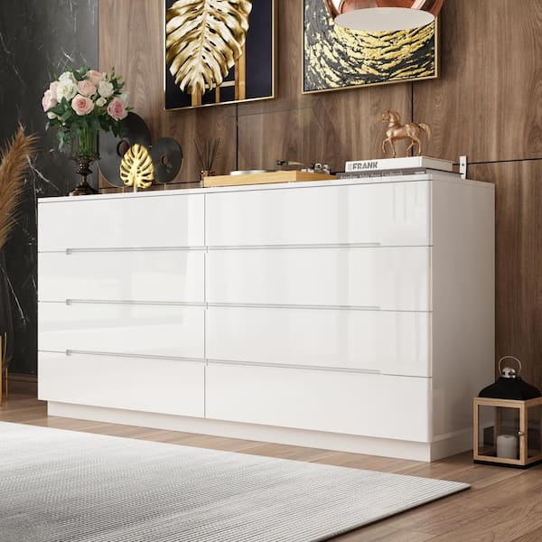 High Gloss White Wood 8-Drawer Chest of Drawers Storage Organizer With LED Lights (63 in. W x 30.9 in. H x 15.7 in. D)