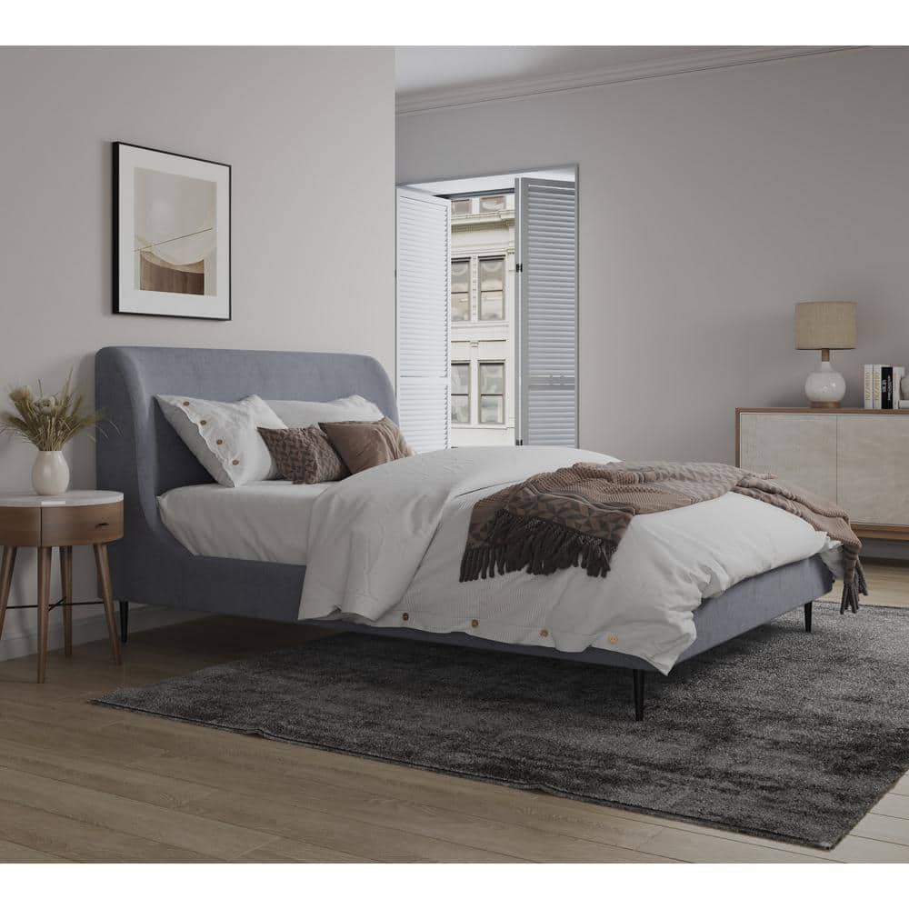 Full Gray Velvet Upholstered Bed with Black Legs