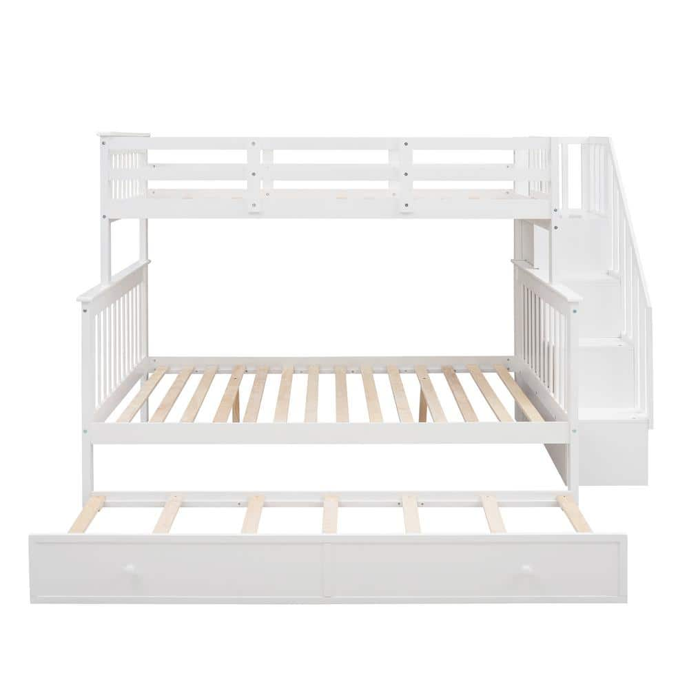 ANBAZAR White Twin Over Full Bunk Bed with Twin Trundle and Bookshelves ...