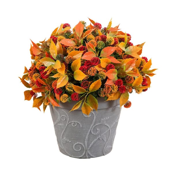 15.5 in. Orange UV Resistant Autumn Artificial Mixed Fall Chrysanthemum in Decorative Gray Planter (Indoor/Outdoor)