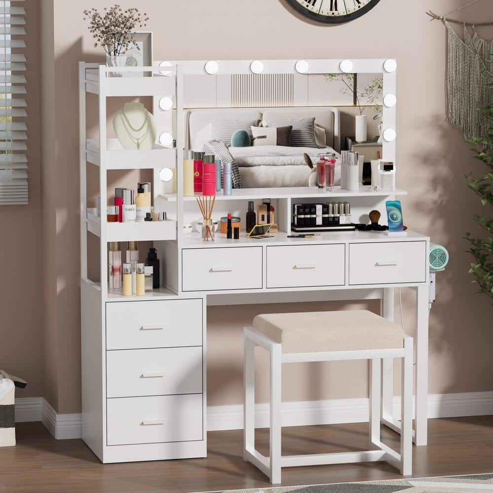 White Makeup Vanity Set with LED Lighted Mirror and Power Outlet, 6-Drawers and 3 Storage Movable Shelves -  PAKASEPT, TTB1032-XWB