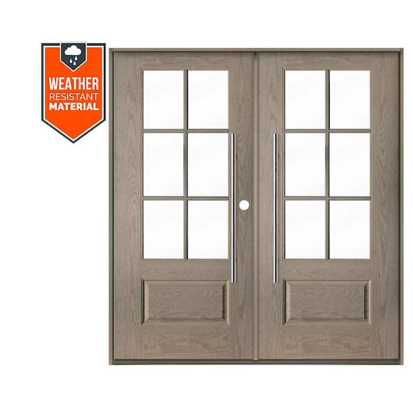 Krosswood Doors Faux Pivot 72 in. x 79 in. 6-Lite Left-Active/Inswing Clear Glass Oil Leather Stain Double Fiberglass Prehung Front Door