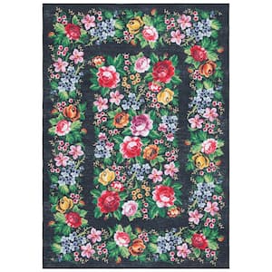 Journey Charcoal/Green 5 ft. x 8 ft. Machine Washable Floral Border Area Rug