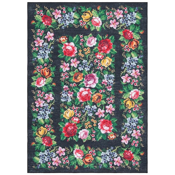 SAFAVIEH Journey Charcoal/Green 5 ft. x 8 ft. Machine Washable Floral Border Area Rug