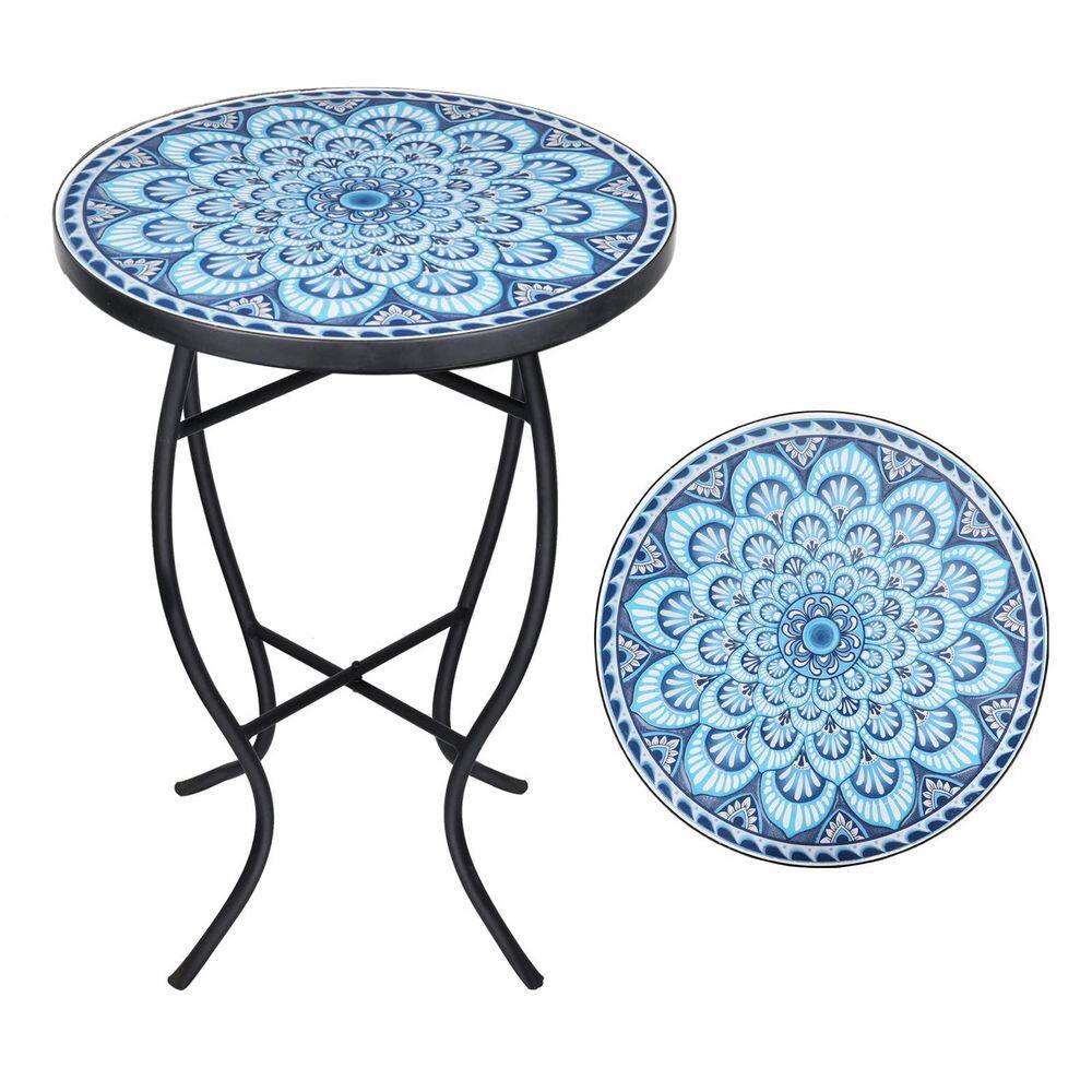 Mosaic Outdoor Side Table, 14 in. Round Small Patio Accent Table Indoor End Table Blue price history on PriceWatchPro