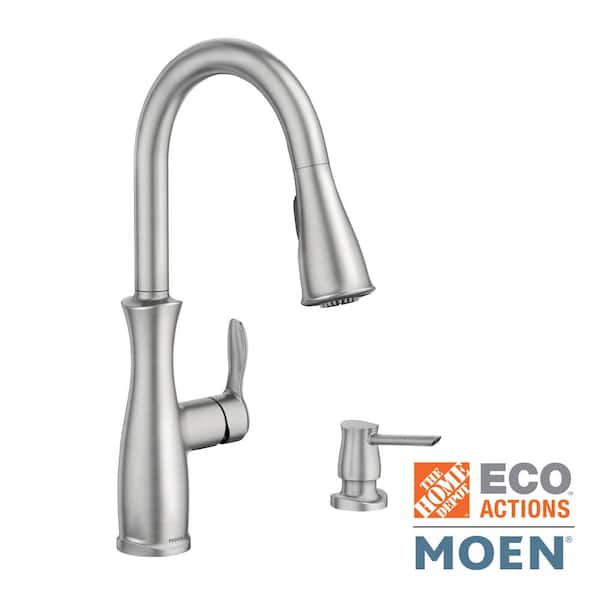 Moen Edwyn Spot Resist Stainless Single Handle Pull-down Kitchen Faucet  with Deck Plate and Soap Dispenser Included in the Kitchen Faucets  department at