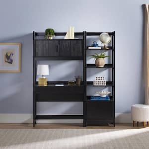 2-Piece Transitional Black Reeded 38 in. Hutch Desk with Narrow Modern Bookcase
