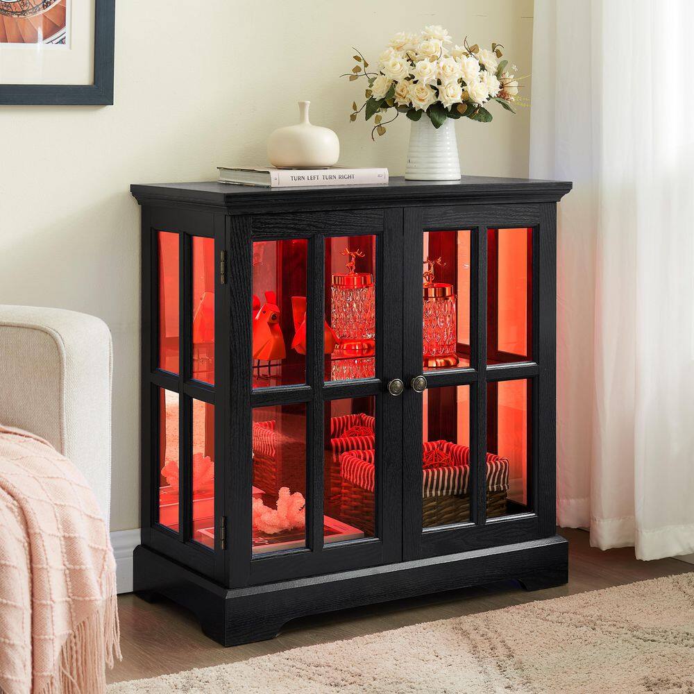 32 in. H LED Accent Cabinet, Curio Display Storage Showcase Bookcase with Adjustable Shelves, Lattice Doors, Black price history on PriceWatchPro