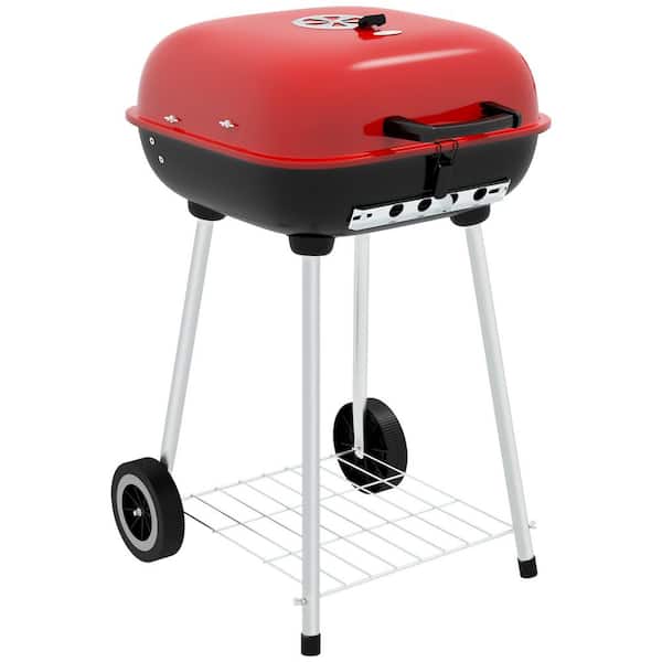 Portable Steel Charcoal Grill in Red with Bottom Shelf, Wheels and Adjustable Vents