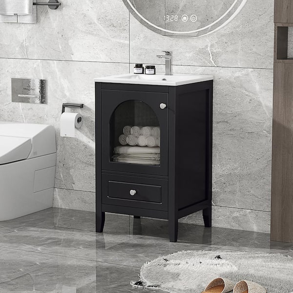 Qidian 18.3 in. D x 20in. W x 34 in. H Black Bath Vanity with Soft Closing Glass Door, A Drawer,Top Ceramic with White Basin