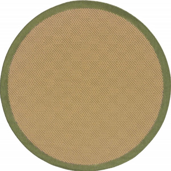 Beige 8 ft. x 8 ft. Loomed Border Polypropylene Round Indoor/Outdoor Area Rug
