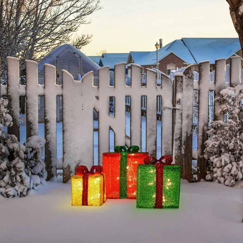 Set of Three Red, Gold, Green LED Tinsel Presents