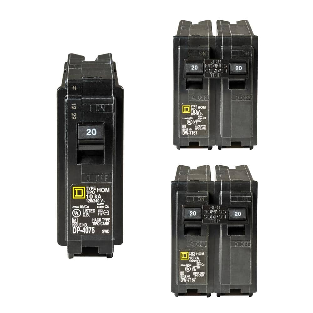 Square D Homeline 120 Amp SinglePole, and 220 Amp 2Pole Circuit Breakers (3pack
