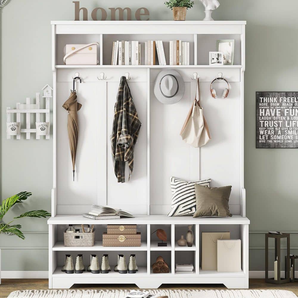 White Storage Hall Tree with Shoe Cubbies and Coat Rack with 6-Metal Hooks