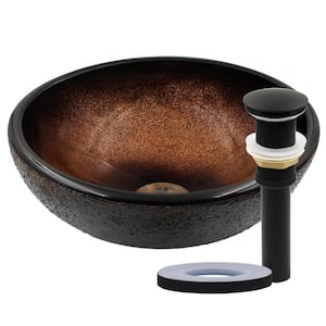 12 in. Mini Vessel Bathroom Sink in Black and Copper Tempered Glass with Pop-Up Drain in Matte Black