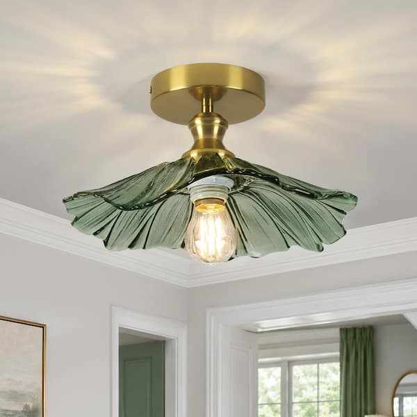 BeamHaven 11 in. Round Brushed Green Flower Semi-Flush Mount Hallway Ceiling Light for Entryway Bedroom or Closets