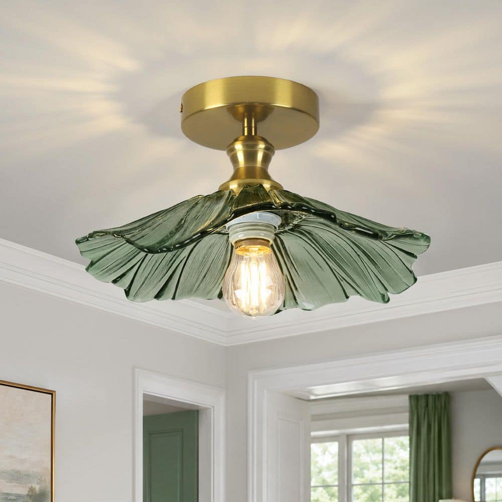 BeamHaven 11 in. Vintage Green Semi-Flush Mount Ceiling Light with Flower Glass Shade for Hallway, Bedroom price history on PriceWatchPro