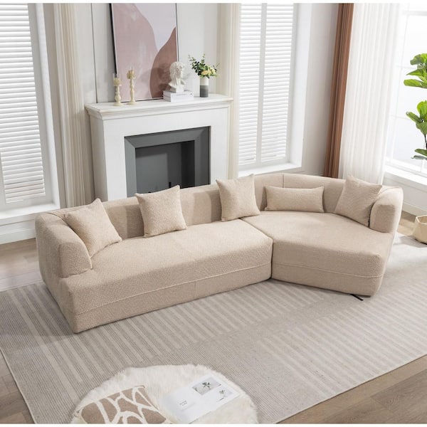 J&E Home 125.19 in. Light Brown Boucle Polyester 2-Piece Deep Seat Apartment Modular Curved Sectional Sofa