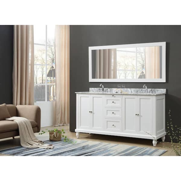 Direct Vanity Sink Classic 70 In Bath White With Carrara Marble Top Basins And 1 Large Mirror 6070d9 Wwc M - Long Bathroom Vanity Sink