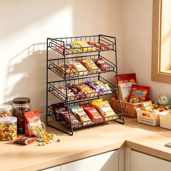 Numhew 4-Shelf Metallic Countertop Display Rack, Heavy Duty Iron Snack Candy Organizer Stand with Space Saving Design, Black