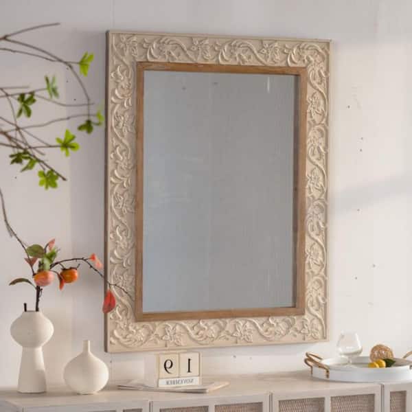 Westmere 30.12 in. W x 37.99 in. H Vintage Rectangle Beige and Yellow Carved Pattern Wood Frame Wall Decorative Mirror