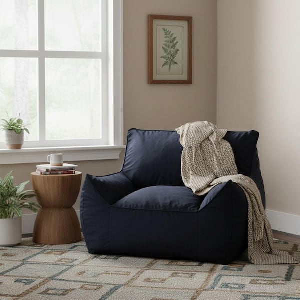 Blap Ink Blue Large Velvet Bean Bag Chair with Armrests and Removable Machine-Washable Cover