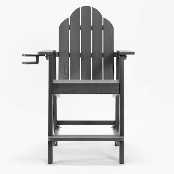 LUE BONA Linda Dark Gray Tall Weather Resistant Outdoor Adirondack Chair Barstool With Cup Holder For Deck Balcony Pool